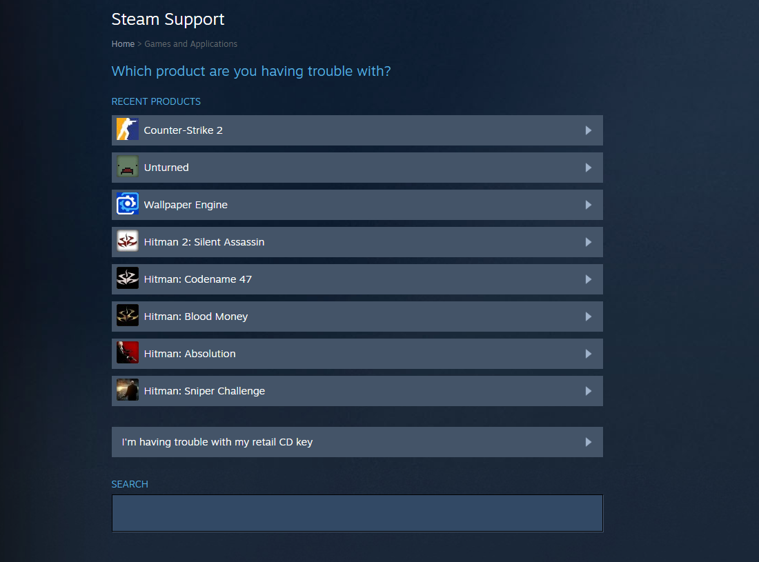 Steam support - search